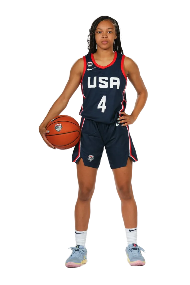 Hannah Hidalgo in a USA Basketball number 4 uniform, holding a basketball